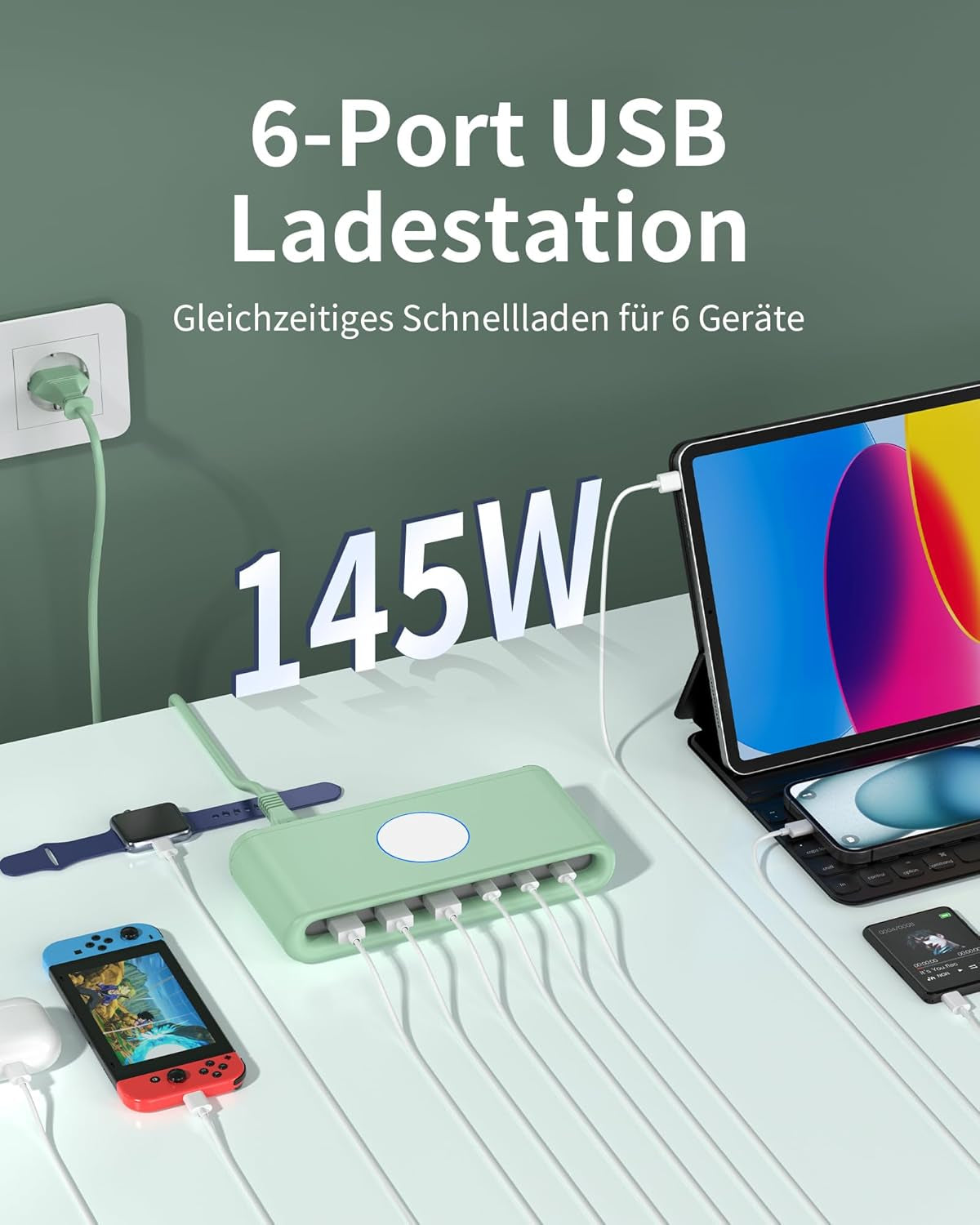 POANES 100W USB C Ladegerät Schnellladegerät Mehrfach 6 Port,65W Laptop USB C Ladestation Für Macbook, Iphone Und Samaung (Green)