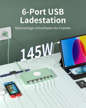 POANES 100W USB C Ladegerät Schnellladegerät Mehrfach 6 Port,65W Laptop USB C Ladestation Für Macbook, Iphone Und Samaung (Green)
