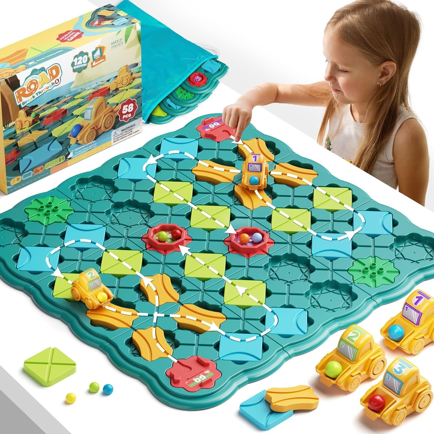 Burgkidz Logischer Straßenbauer Brettspiele Für Kinder 4 5 6 7 8 Jahre Jungen, 57 X 57 Cm Großes Brett Labyrinth Puzzle Logik Spiel Mit 3 Rückzugbagger, Geschenke Kinderspielzeug Für Alter 4-8