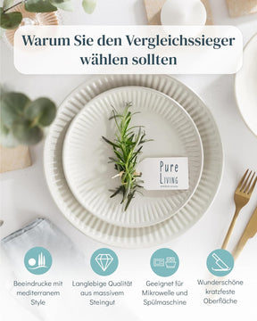 PURE LIVING INTERIOR DESIGN 6X Steingut Teller Groß Hygge Serie - Speiseteller Spülmaschinen-, Mikrowellen-, Kratzfest - Geschirrset 6 Personen, Essteller - Elegantes Gerilltes Geschirr in Beige