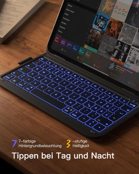 Inateck Ultraleichte Hülle Mit Tastatur Für Ipad 10 Gen,11 Gen. A16 2025 11 Zoll,Ipad Air 11" M3/M2 (2025/2024),Air 5/4,Pro 11 4/3/2/1,7-Farbiger Beleuchtung,Mit Stifthalter,Qwertz,Airtap BK2007-RGB