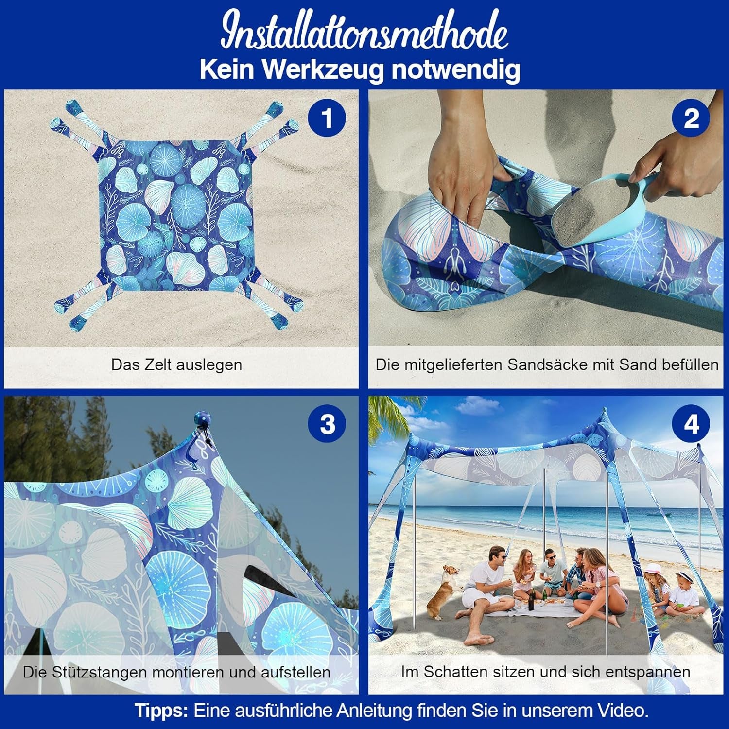 Rhino Valley Strandmuschel, Strandzelt Sonnenschutz UV 50+, Windschutz Strandzelt, Tragbar Sonnensegel Strand Für Camping, Angeln, Picknick Im Garten Strand