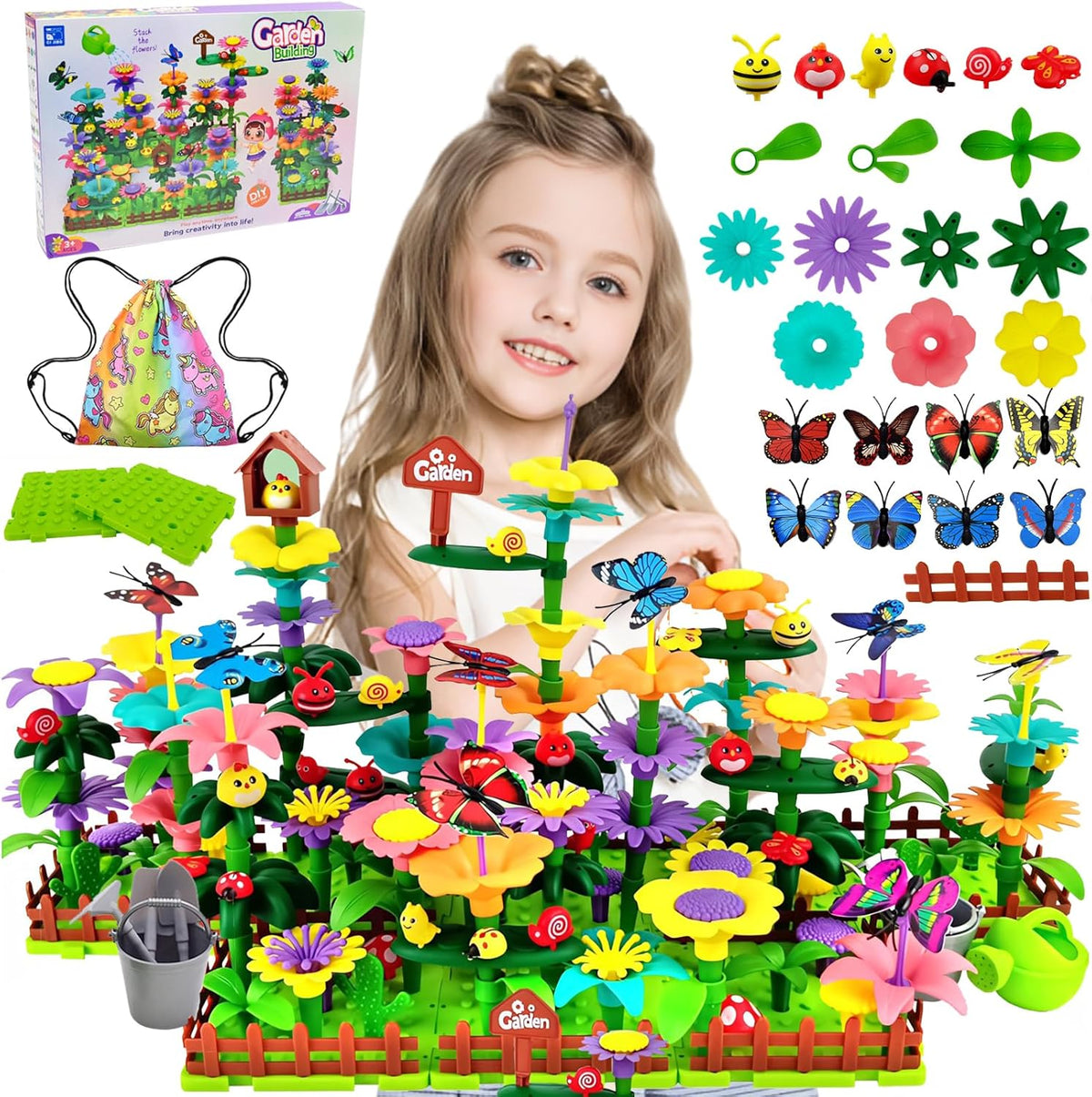 Cyiecw 332 PCS Blumengarten Spielzeug Ab 4 Jahre Mädchen,Kinder Blumen Bausteine,Diy Bouquet Sets Mit Aufbewahrungstasche,Garten Spielzeug Für Kinder Kunst Blumenarrangement Geschenk