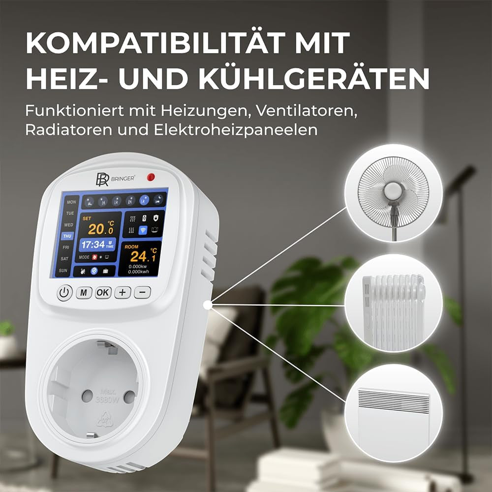 BR Bringer Smart Thermostat Steckdose – WLAN & App – Steckdosenthermostat Mit Verbrauchsanzeige, LED Farbdisplay, Wochenprogramm & Fenster-Offen-Erkennung - Kompatibel Mit Amazon Alexa, Google Home