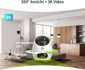 3K+3K (5MP+5MP) WLAN Kamera Mit Dual-Objektiv, Überwachungskamera Innen Mit Erkennung Von Person, Haustier Und Winkender Hand, Alexa Kamera Unterstützt Patrouillenmodus, 2-Wege-Audio D220