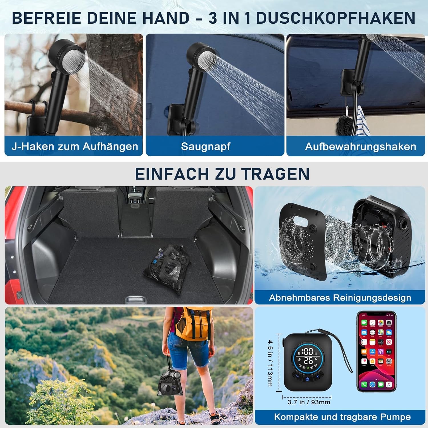 Camping Dusche, [8000Mah] Campingdusche Tragbare Mit Pumpe Und Temperaturanzeige, Mobile Dusche Outdoor Set Mit Duschkopf Und 2M Schlauch Für Camping Garten Autowaschen Strand Reisen Haustier