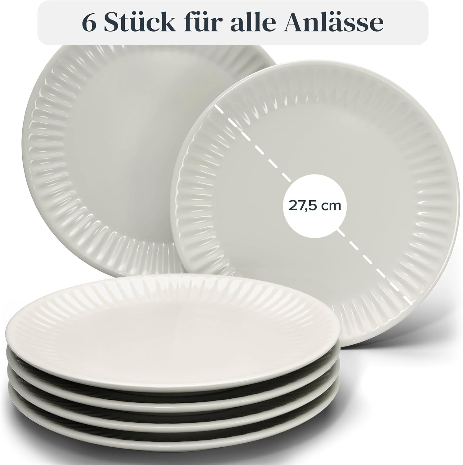 PURE LIVING INTERIOR DESIGN 6X Steingut Teller Groß Hygge Serie - Speiseteller Spülmaschinen-, Mikrowellen-, Kratzfest - Geschirrset 6 Personen, Essteller - Elegantes Gerilltes Geschirr in Beige