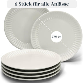 PURE LIVING INTERIOR DESIGN 6X Steingut Teller Groß Hygge Serie - Speiseteller Spülmaschinen-, Mikrowellen-, Kratzfest - Geschirrset 6 Personen, Essteller - Elegantes Gerilltes Geschirr in Beige