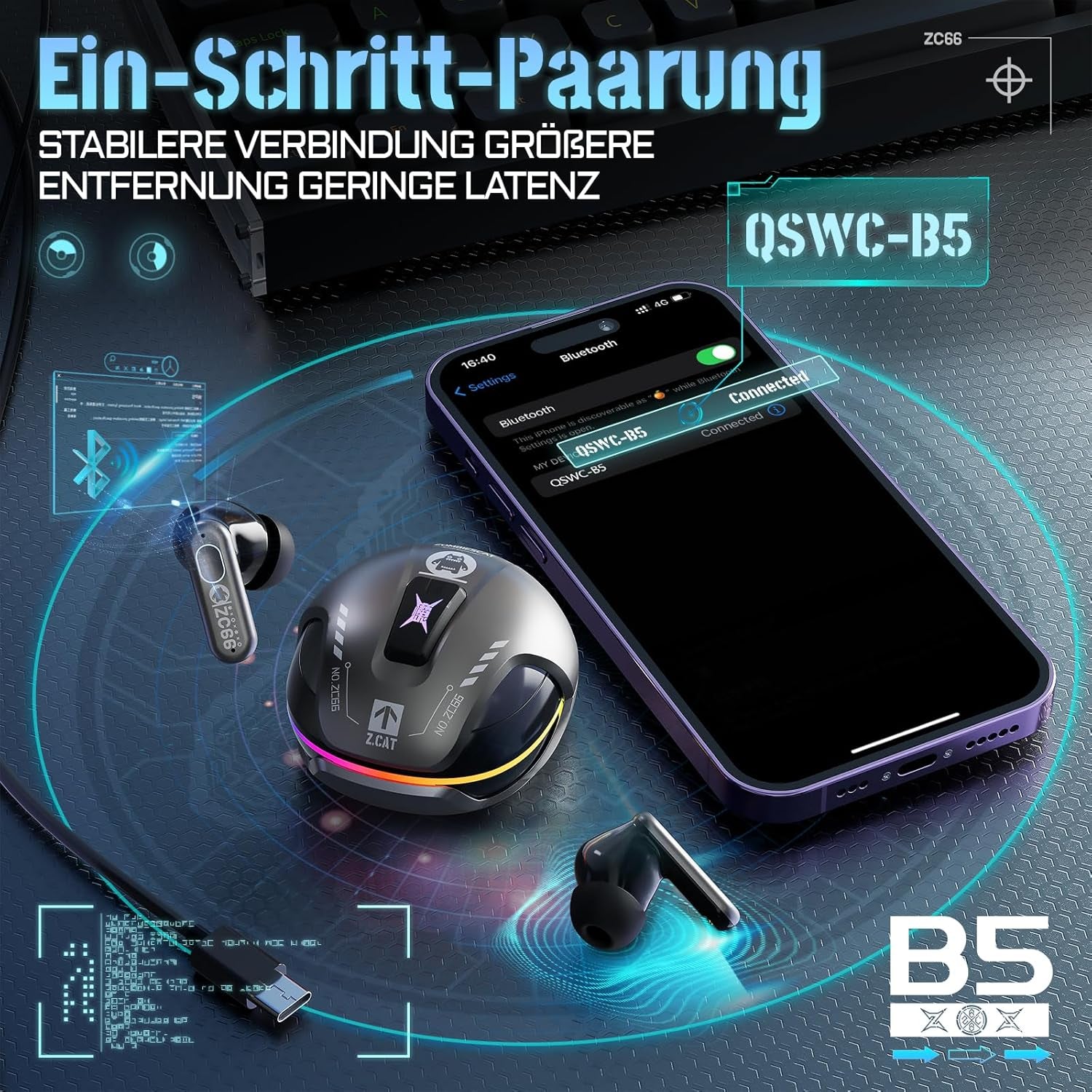 Kopfhörer Kabellos Bluetooth, Noise Cancelling Kopfhoerer, Bluetooth Kopfhörer Mit Tiefen Bässen, Kabellose Bluetooth 5.4, Rgb-Licht, in Ear Kopfhörer Für Android Ios, B5 Grau