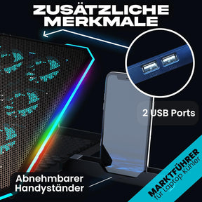 KLIM V15 Gaming Laptop Cooling Pad Mit 15 Lüftern + Kühler + Stabiler RGB Ständer + Kompatibel Bis 17" + 2 USB Ports + Handyhalterung + 5 Jahre Schutz