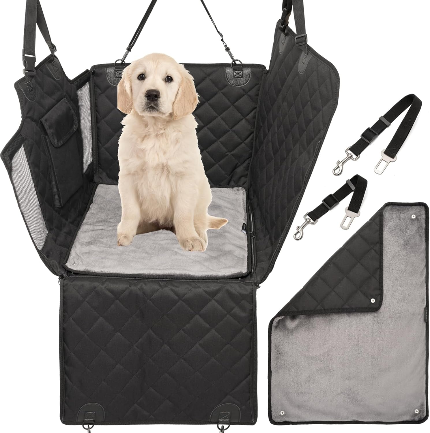 Hunde Autositz Für Rückbank Mit Flauschiger Zusatzdecke - Hundedecke Für Kleine, Mittlere Hunde - Sicherheitsgurte in 2 Versch. Längen - Wasserdicht & Robust