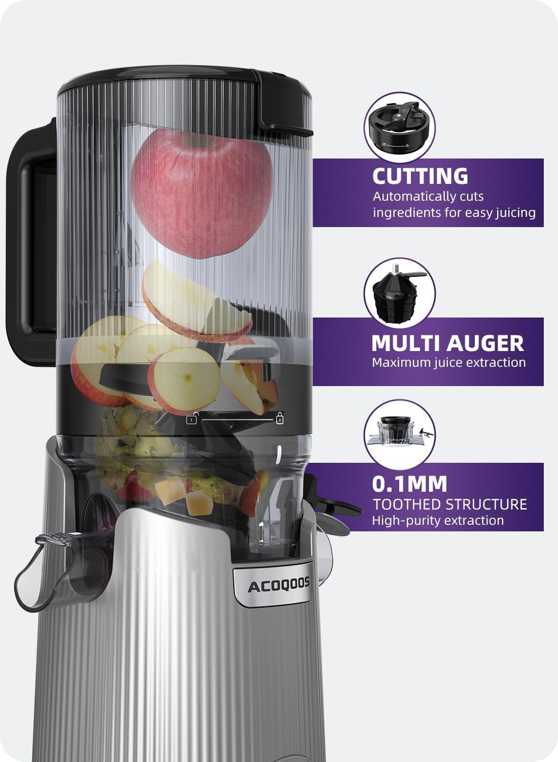 ACOQOOS Entsafter, Entsafter Für Ganze Gemüse Und Obst, 135 Mm Breite Und Größere Fütterungsröhre, 1,8 L Füllvolumen, Leicht Zu Reinigender Slow Juicer Mit 2 Gläsern, Elektrische Saftpresse Silbrig