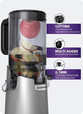 ACOQOOS Entsafter, Entsafter Für Ganze Gemüse Und Obst, 135 Mm Breite Und Größere Fütterungsröhre, 1,8 L Füllvolumen, Leicht Zu Reinigender Slow Juicer Mit 2 Gläsern, Elektrische Saftpresse Silbrig