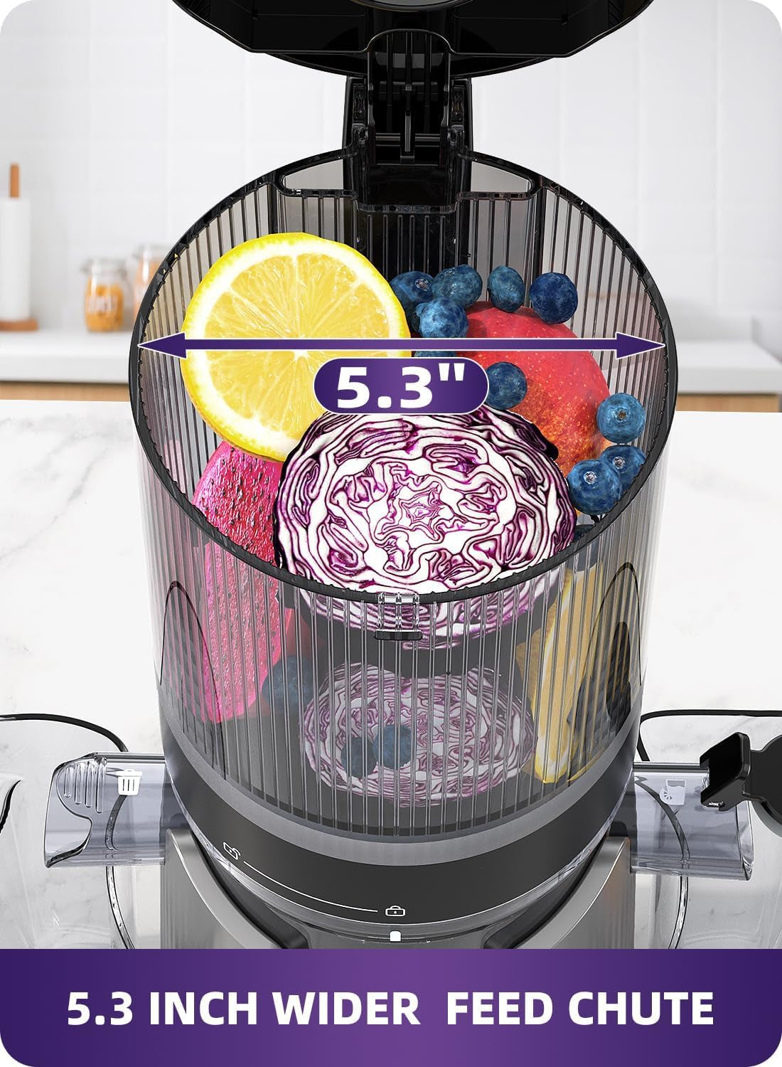 ACOQOOS Entsafter, Entsafter Für Ganze Gemüse Und Obst, 135 Mm Breite Und Größere Fütterungsröhre, 1,8 L Füllvolumen, Leicht Zu Reinigender Slow Juicer Mit 2 Gläsern, Elektrische Saftpresse Silbrig