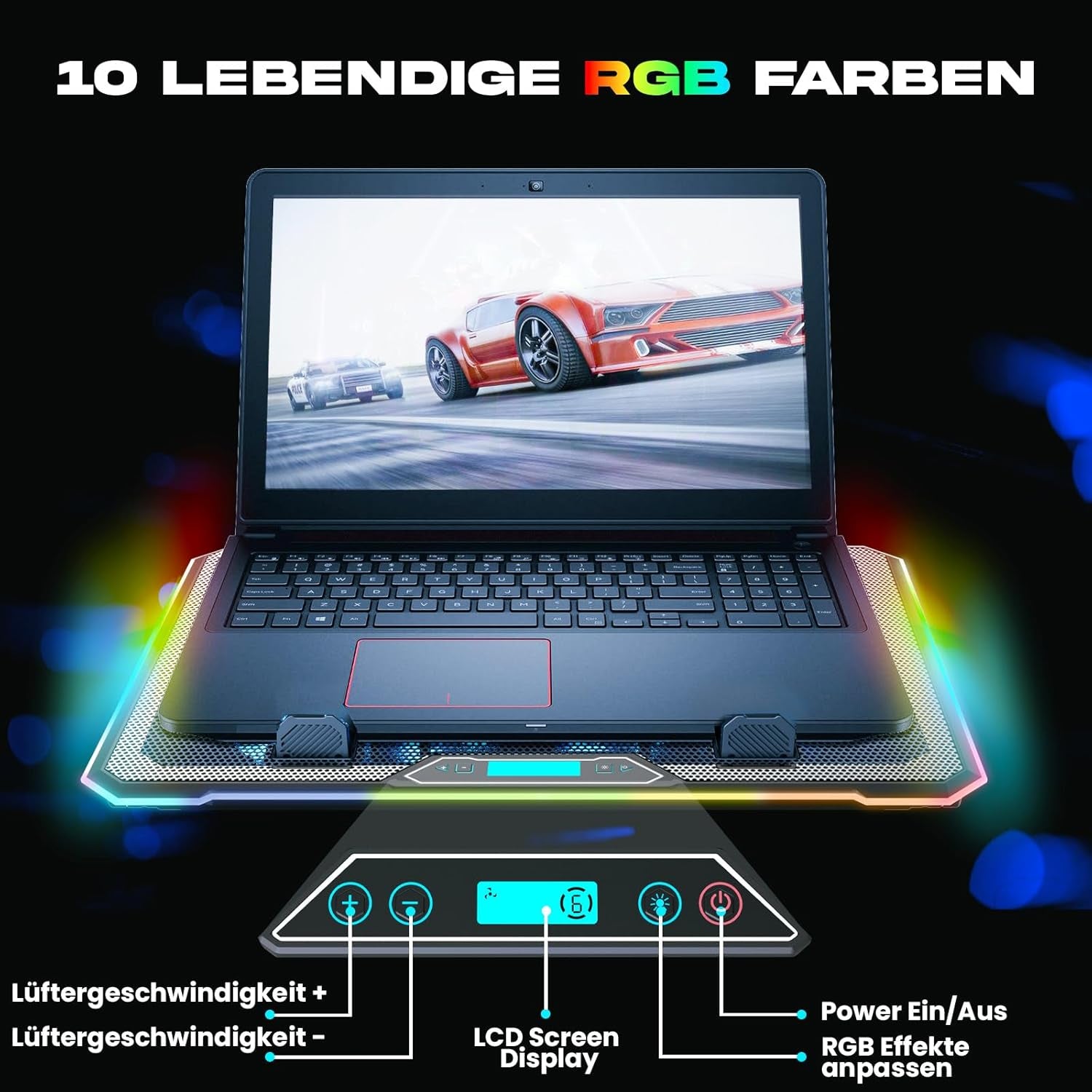 KLIM V15 Gaming Laptop Cooling Pad Mit 15 Lüftern + Kühler + Stabiler RGB Ständer + Kompatibel Bis 17" + 2 USB Ports + Handyhalterung + 5 Jahre Schutz