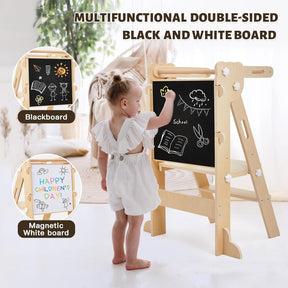 Labebe Klappbar Lernturm Für Kinder, Montessori Learning Tower Mit Zweiseitige Tafel, 3 in 1 Einstellbare Höhe Und Breite Lerntower, Multifunktion Lernturm Ab 1 Jahr Für Küche（Holz）