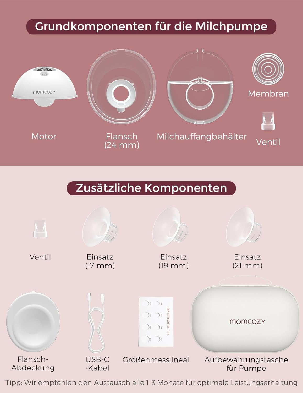 Momcozy Milchpumpe Elektrisch Tragbar Freihändig M5, Doppelmilchpumpe Für Den Babymund, Doppelt Abgedichteter Flansch Mit 3 Modi Und 9 Stufen, 24 Mm (1, Rot)