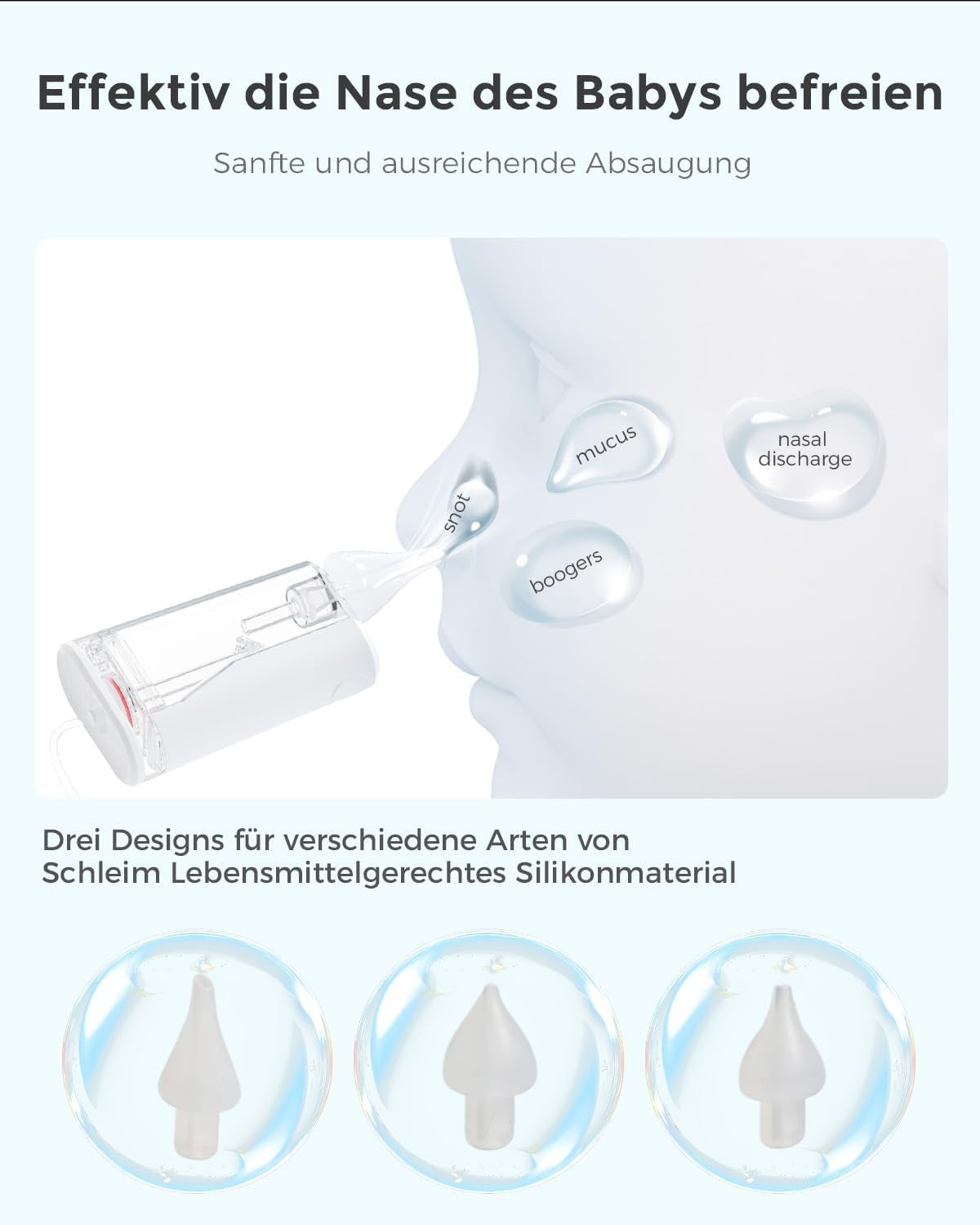 Nasensauger Baby Elektrisch, Nasal Aspirator Mit 9 Stufen, Wiederaufladbar Nasenschleim Sauger Mit Musik & Licht, 3 Silikonspitzen, Anti-Reflux-Design