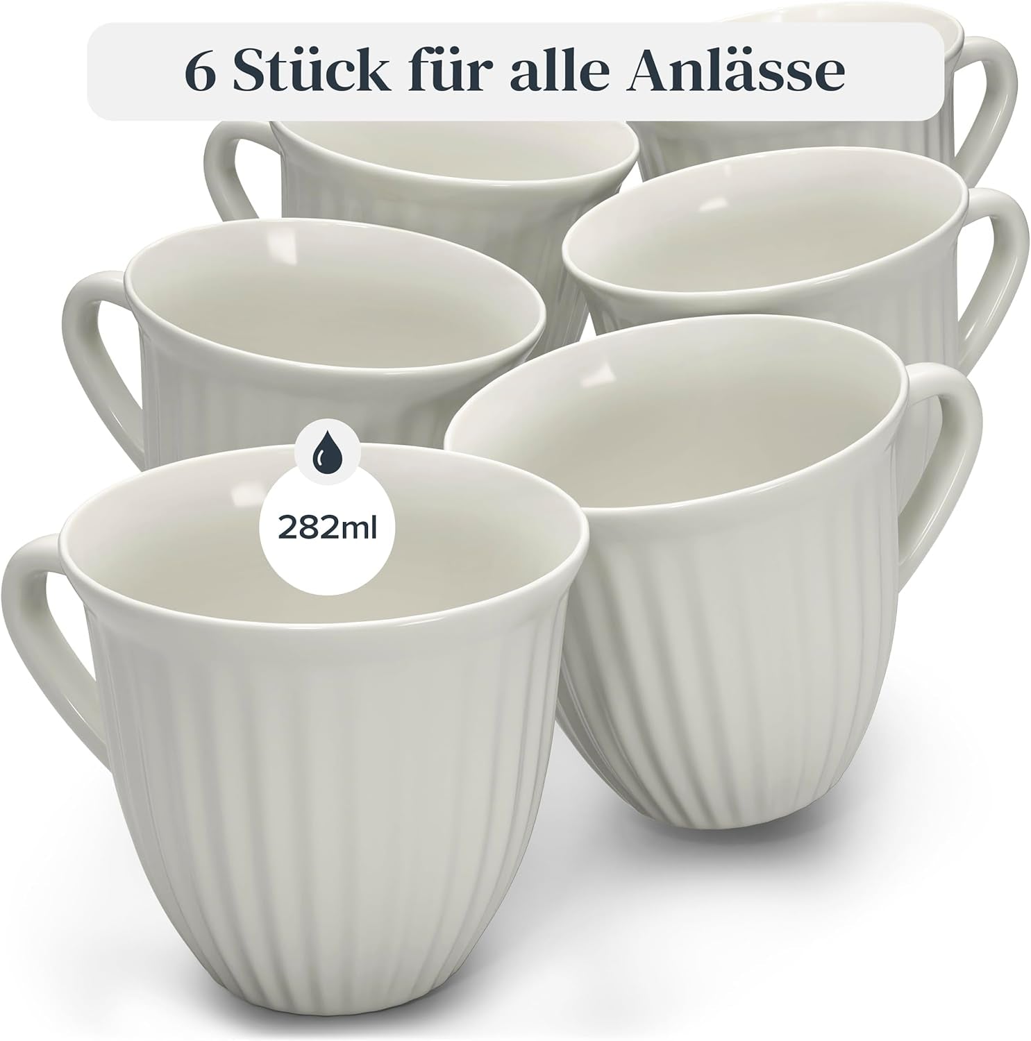 Kaffeetassen 6Er Set Hygge Serie - Premium Steingut Tassen, Spülmaschinen- Und Mikrowellenfest, Kratzfest - Stylishes Tee- Und Kaffeebecher Set - Elegantes Gerilltes Geschirr in Beige