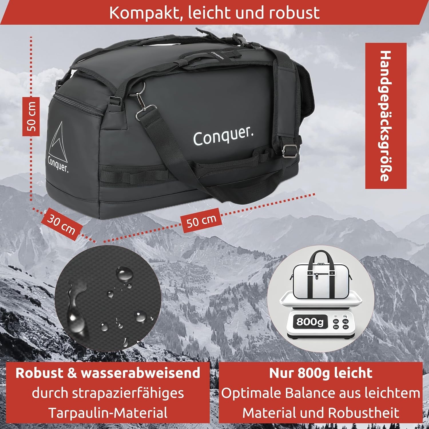 Conquer. Faltbare Reisetasche 45 L Duffel Bag Herren & Damen | Robuste, Wasserfeste & Große Reisetasche Handgepäck Mit Schultergurten & Schuhfach | Weekender, Sporttasche, Gym Bag