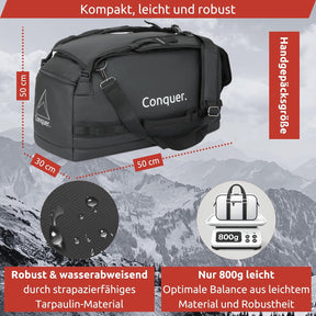 Conquer. Faltbare Reisetasche 45 L Duffel Bag Herren & Damen | Robuste, Wasserfeste & Große Reisetasche Handgepäck Mit Schultergurten & Schuhfach | Weekender, Sporttasche, Gym Bag
