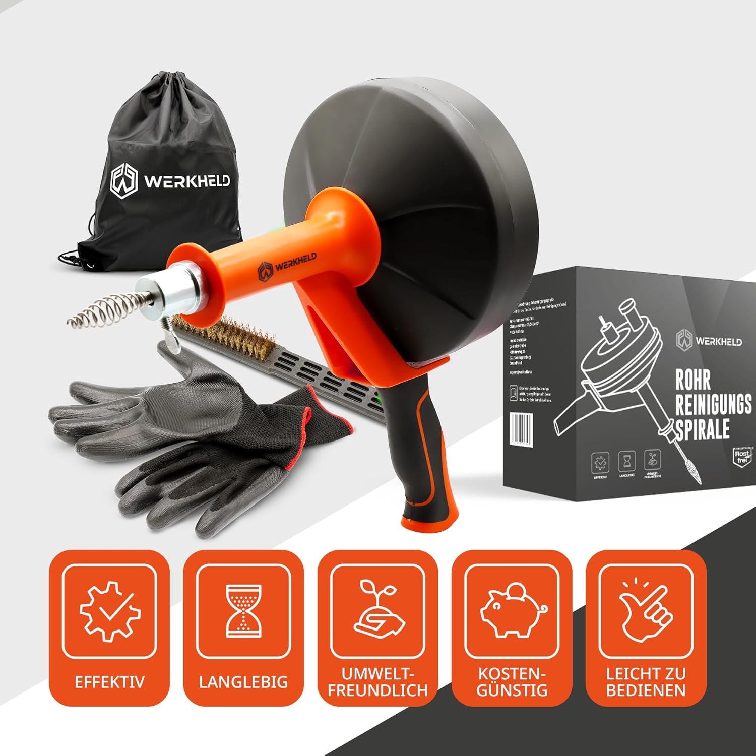 Rohrreinigungsspirale [7,5M] - Mit Bohraufsatz - Ideale Abflussspirale Für Umweltfreundliche Rohrreinigung - Edelstahl Rostfrei - Mit Handschuhen Und Reinigungsbürste