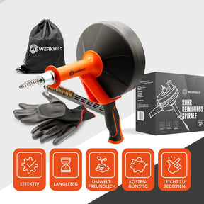 Rohrreinigungsspirale [7,5M] - Mit Bohraufsatz - Ideale Abflussspirale Für Umweltfreundliche Rohrreinigung - Edelstahl Rostfrei - Mit Handschuhen Und Reinigungsbürste