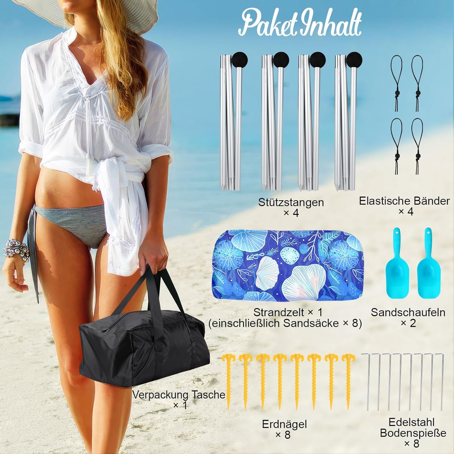 Rhino Valley Strandmuschel, Strandzelt Sonnenschutz UV 50+, Windschutz Strandzelt, Tragbar Sonnensegel Strand Für Camping, Angeln, Picknick Im Garten Strand