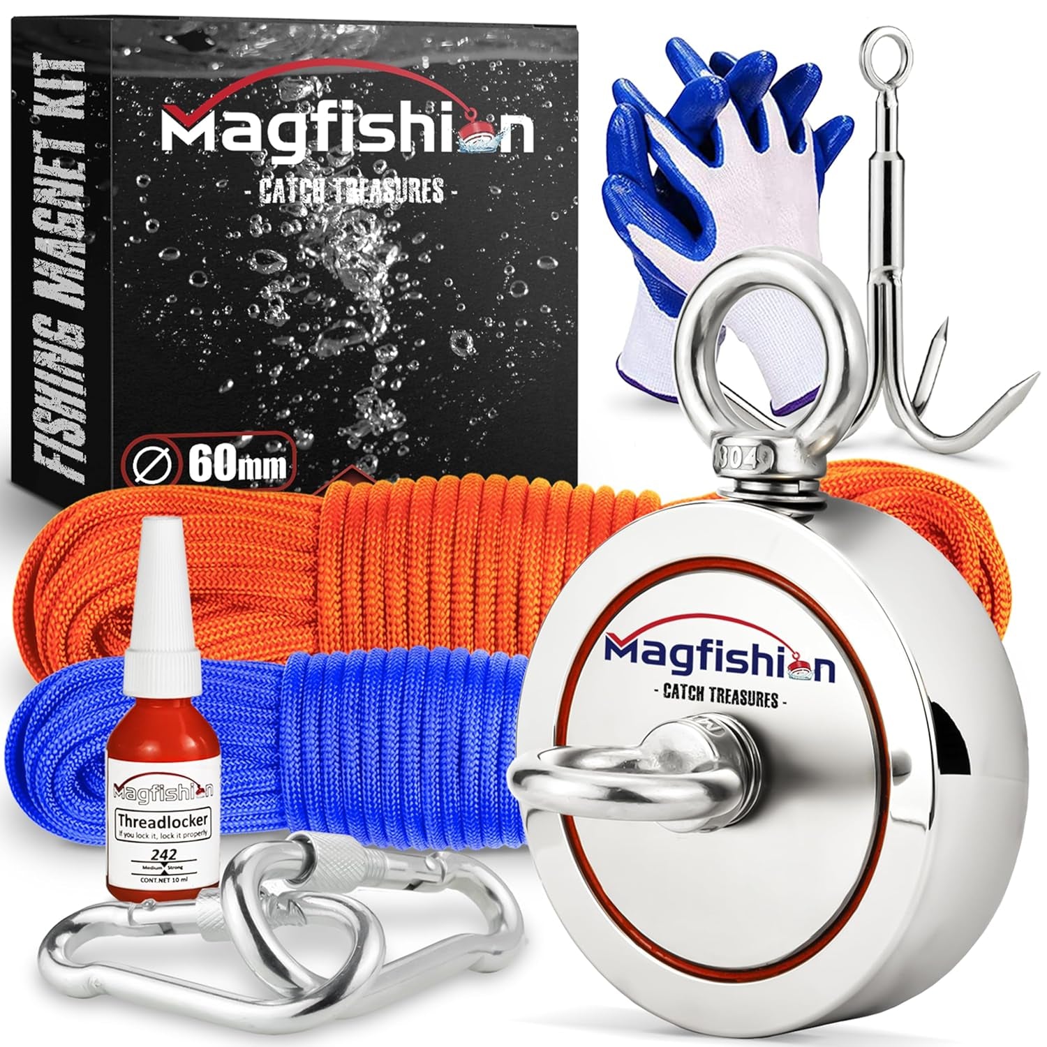 Magnetfischen Set - 150 KG - Ø60Mm - Neodym Magnet Mit 2 Seilen, Greifhaken & Handschuhe - Magnet Fischen Angel - Ösenmagnet - Fishing Magnetangel - Magnetangeln Set