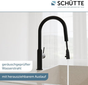 SCHÜTTE 79566 Blackpool Küchenarmatur Mit Ausziehbarer Geschirrbrause, 360 Grad Wasserhahn Für Die Küche, Mischbatterie Mit Einhebelmischer, Spültischarmatur Mit Brause Ausziehbar in Schwarz
