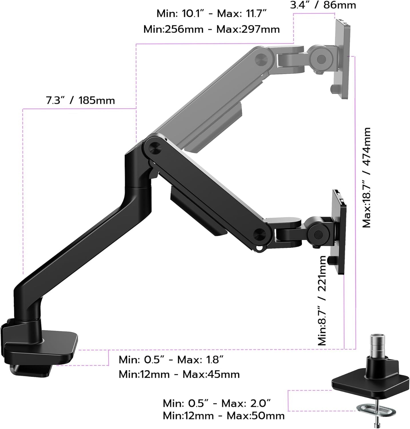ARES WING Monitor Halterung Für 17 Bis 49 Zoll Bildschirme, Monitor Arm Mit Gasfeder, Verstellbarer Monitorständer Für 20Kg Computer Bildschirme, Monitorhalterung VESA 75/100 Mm,Schwarz