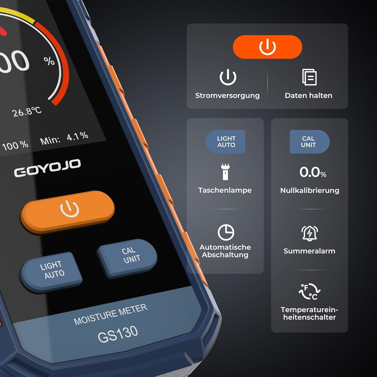 Feuchtigkeitsmessgerät, GOYOJO Holzfeuchtemessgerät Mit Lcd-Bildschirm Und Akustischem Alarm, Wiederaufladbare Feuchtigkeitsmesser Für Holz Brennholz Und Papier, Nachweis Von 5 Bis 40 Mm