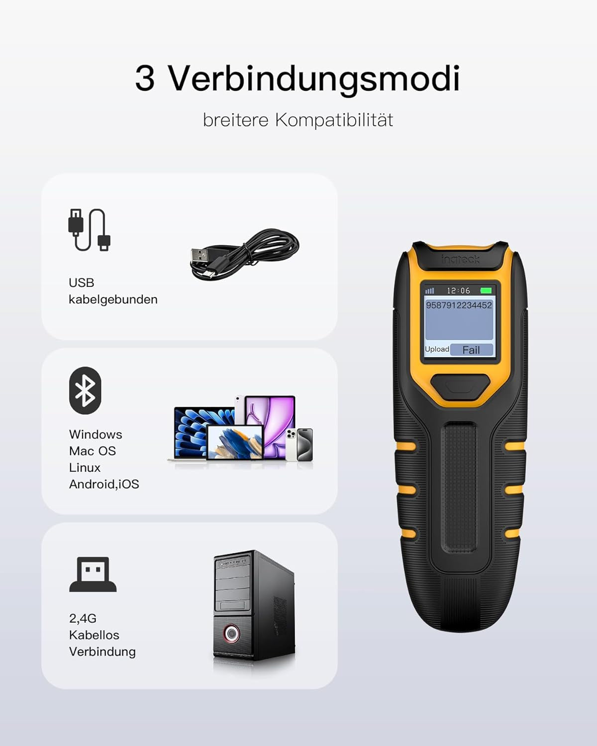 Inateck Barcode Scanner Bluetooth, 1D 2D QR Code Scanner Kabellos 2.4Ghz, Tragbarer Kabelloser Barcode-Scanner Mit Bildschirm, Handscanner Mit APP Und SDK, BCST-47