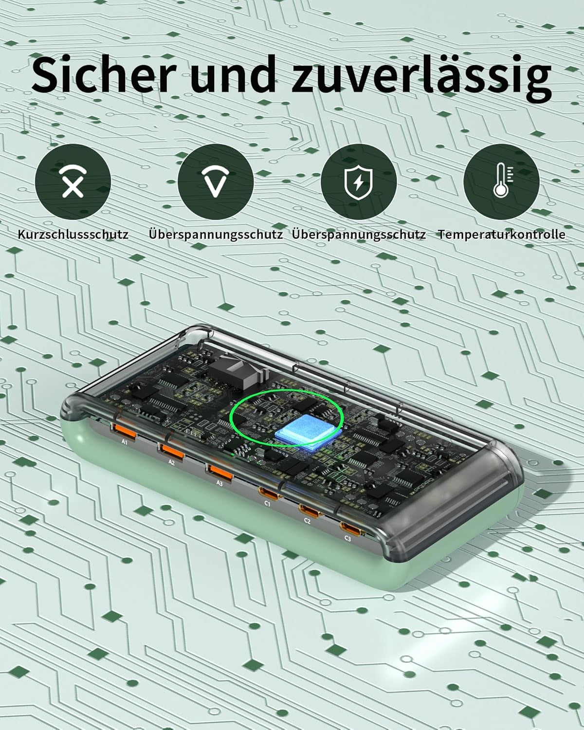 POANES 100W USB C Ladegerät Schnellladegerät Mehrfach 6 Port,65W Laptop USB C Ladestation Für Macbook, Iphone Und Samaung (Green)