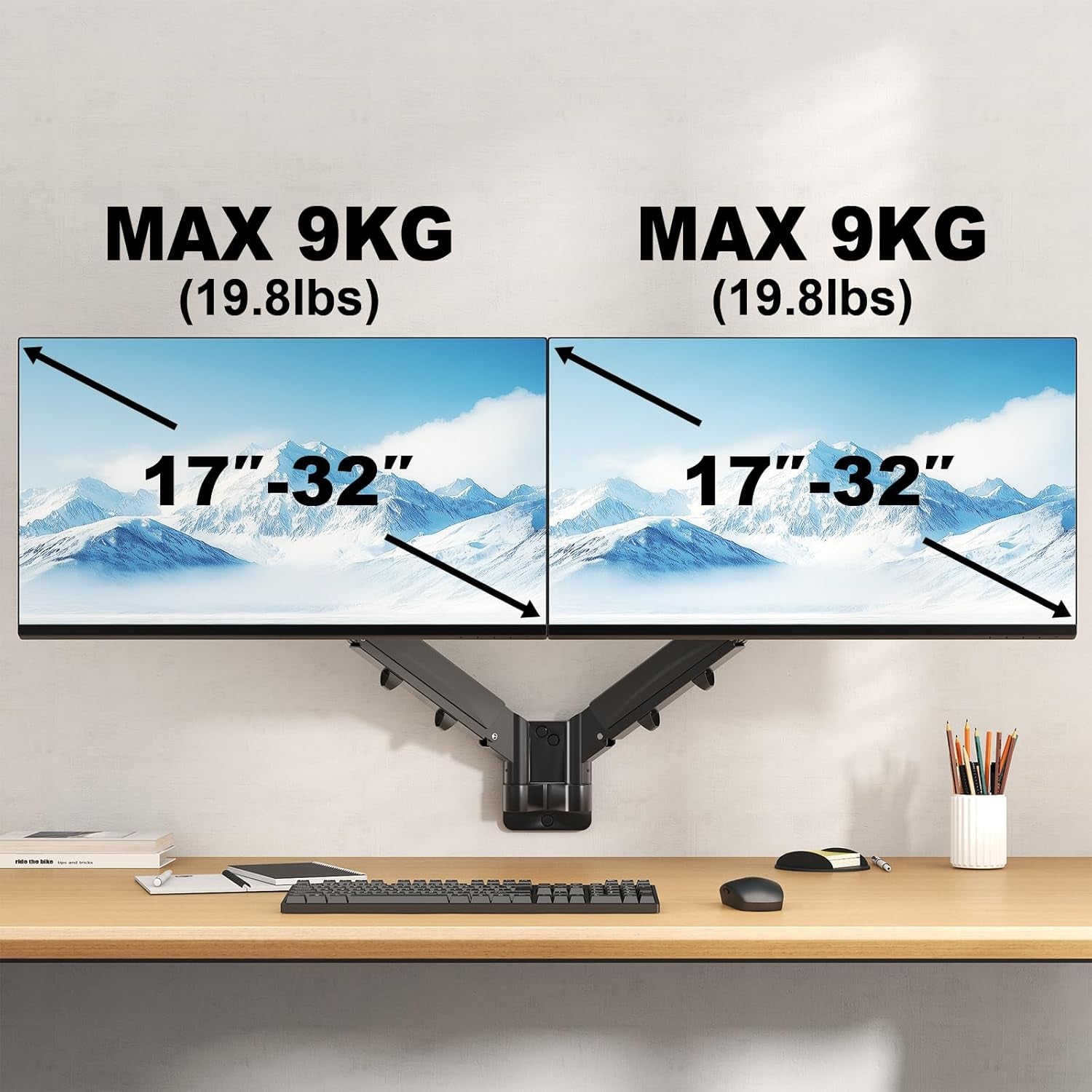 Monitor Wandhalterung 2 Monitore Für 17-32 Zoll Bildschirm, Monitorhalterung 2 Monitore Wand Mit Höhenverstellbar Neigbar Schwenkbar, Unterstützung Monitor Bis Zu 9 KG Pro Arm, VESA 75X75/100X100