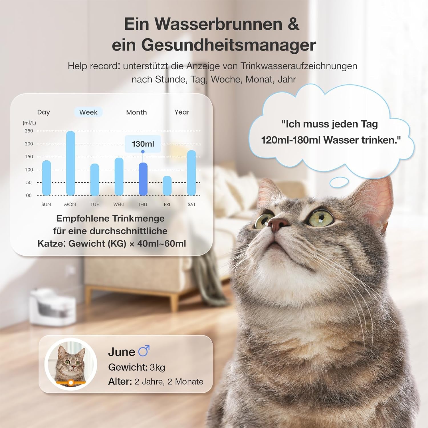 PETGUGU Katzenbrunnen: Kabelloser Wasserpumpe Trinkbrunnen Für Katzen, 2L Ultra-Leiser Katzen Trinkbrunnen, Hundebrunnen Mit Bewegungsmelder(Pf1)