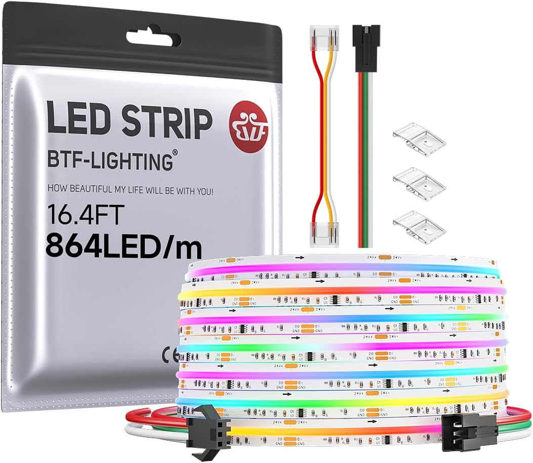 BTF-LIGHTING FCOB COB RGB WS2811 IC Adressierbares Led-Streifen DC24V 5M 864Leds/M 26W/M 12Mm Weiß PCB Chasing Farbe Flexibel Hohe Dichte Led-Band IP30 Nicht Wasserdicht (Nur Streifen)