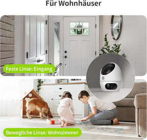 3K+3K (5MP+5MP) WLAN Kamera Mit Dual-Objektiv, Überwachungskamera Innen Mit Erkennung Von Person, Haustier Und Winkender Hand, Alexa Kamera Unterstützt Patrouillenmodus, 2-Wege-Audio D220