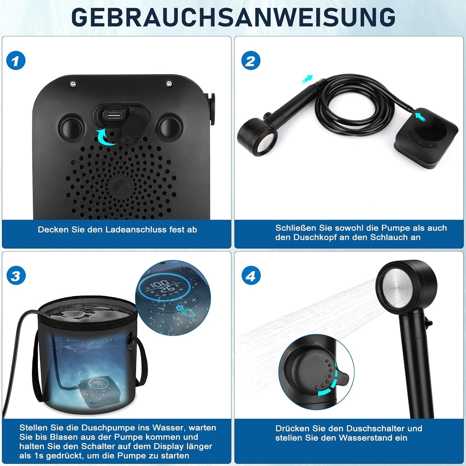 Camping Dusche, [8000Mah] Campingdusche Tragbare Mit Pumpe Und Temperaturanzeige, Mobile Dusche Outdoor Set Mit Duschkopf Und 2M Schlauch Für Camping Garten Autowaschen Strand Reisen Haustier