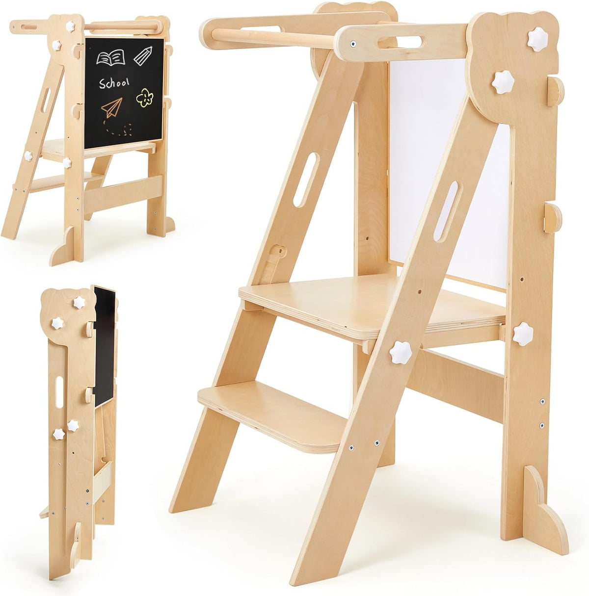 Labebe Klappbar Lernturm Für Kinder, Montessori Learning Tower Mit Zweiseitige Tafel, 3 in 1 Einstellbare Höhe Und Breite Lerntower, Multifunktion Lernturm Ab 1 Jahr Für Küche（Holz）