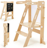 Labebe Klappbar Lernturm Für Kinder, Montessori Learning Tower Mit Zweiseitige Tafel, 3 in 1 Einstellbare Höhe Und Breite Lerntower, Multifunktion Lernturm Ab 1 Jahr Für Küche（Holz）