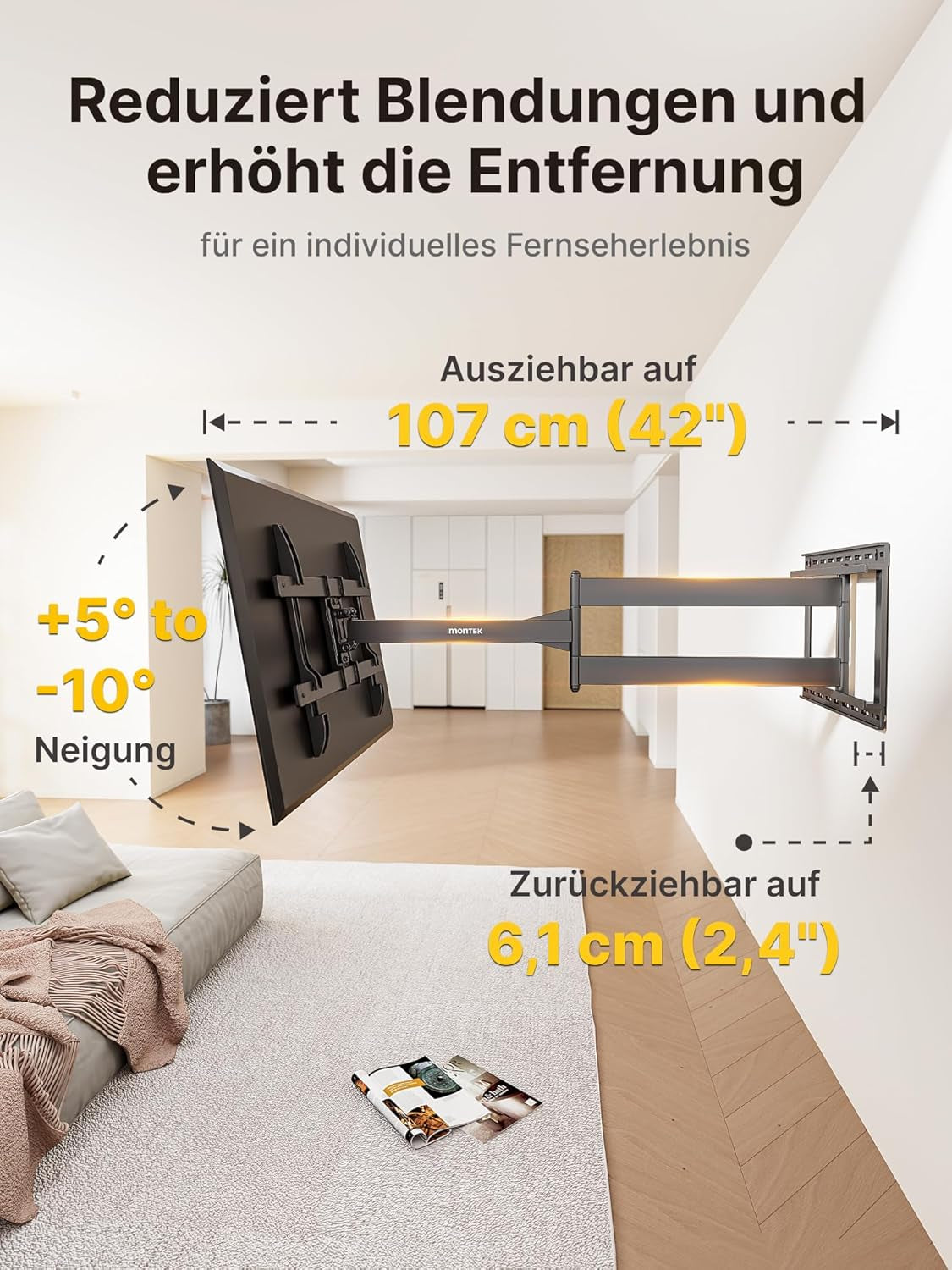 Montek Langarm-Tv-Wandhalterung Für Die Meisten 43-80-Zoll-Fernseher, Ausziehbare 42-Zoll-Tv-Wandhalterung, Schwenk- Und Neigbar, Passend Für Max. VESA 600 X 400 Mm, Bis Zu 50 Kg