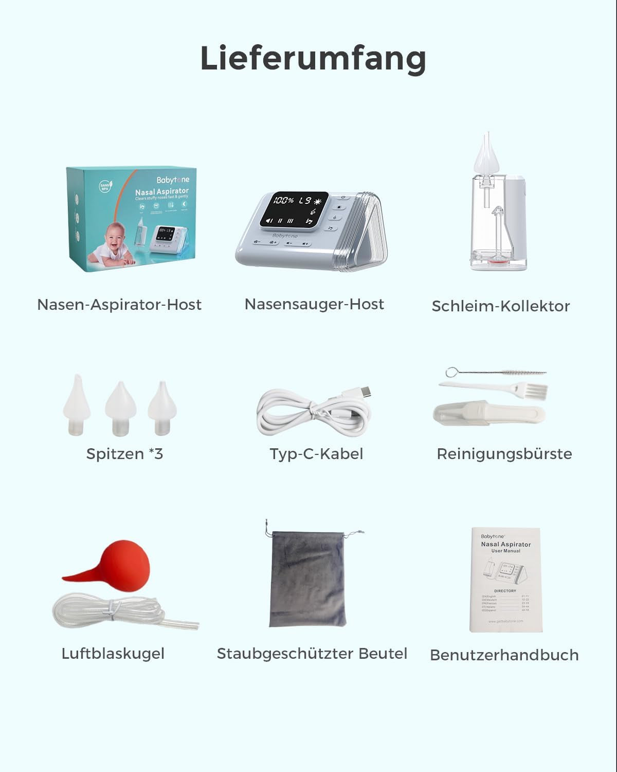 Nasensauger Baby Elektrisch, Nasal Aspirator Mit 9 Stufen, Wiederaufladbar Nasenschleim Sauger Mit Musik & Licht, 3 Silikonspitzen, Anti-Reflux-Design