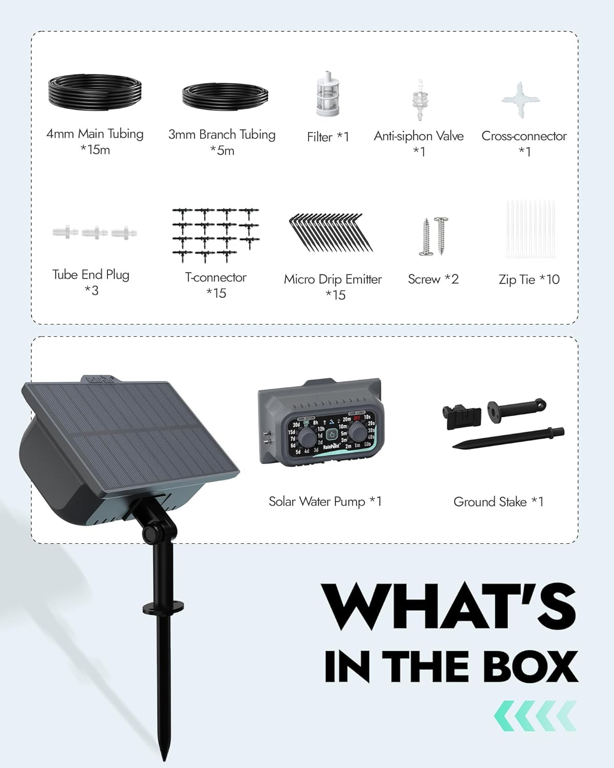 RAINPOINT Solar Bewässerungssystem, Automatische Bewässerungssystem Mit 121 Timer Modi, Solar Bewässerung Outdoor Für Topfpflanzen, Balkon,Garten, Gewächshaus, 2000 Mah Akku, 45L/H