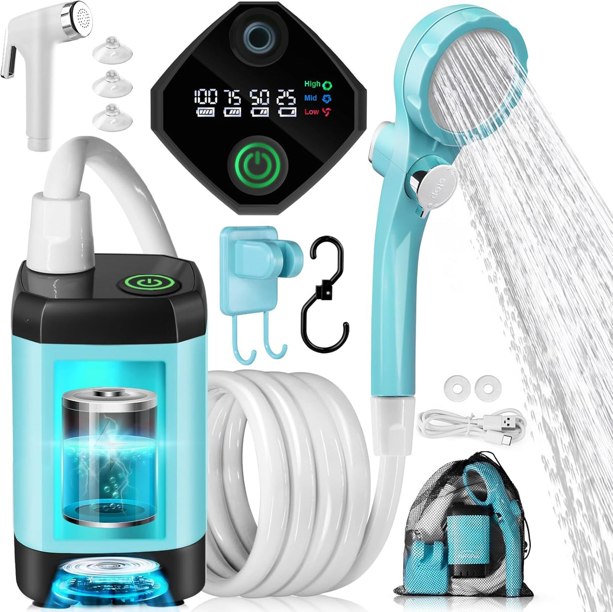 Autopkio Tragbare Campingdusche, Camping Dusche Akku Mit Pumpe Und Smart Display, Mobile Dusche Outdoor Set Mit Duschkopf Für Wandern Autowaschen Haustier Garten