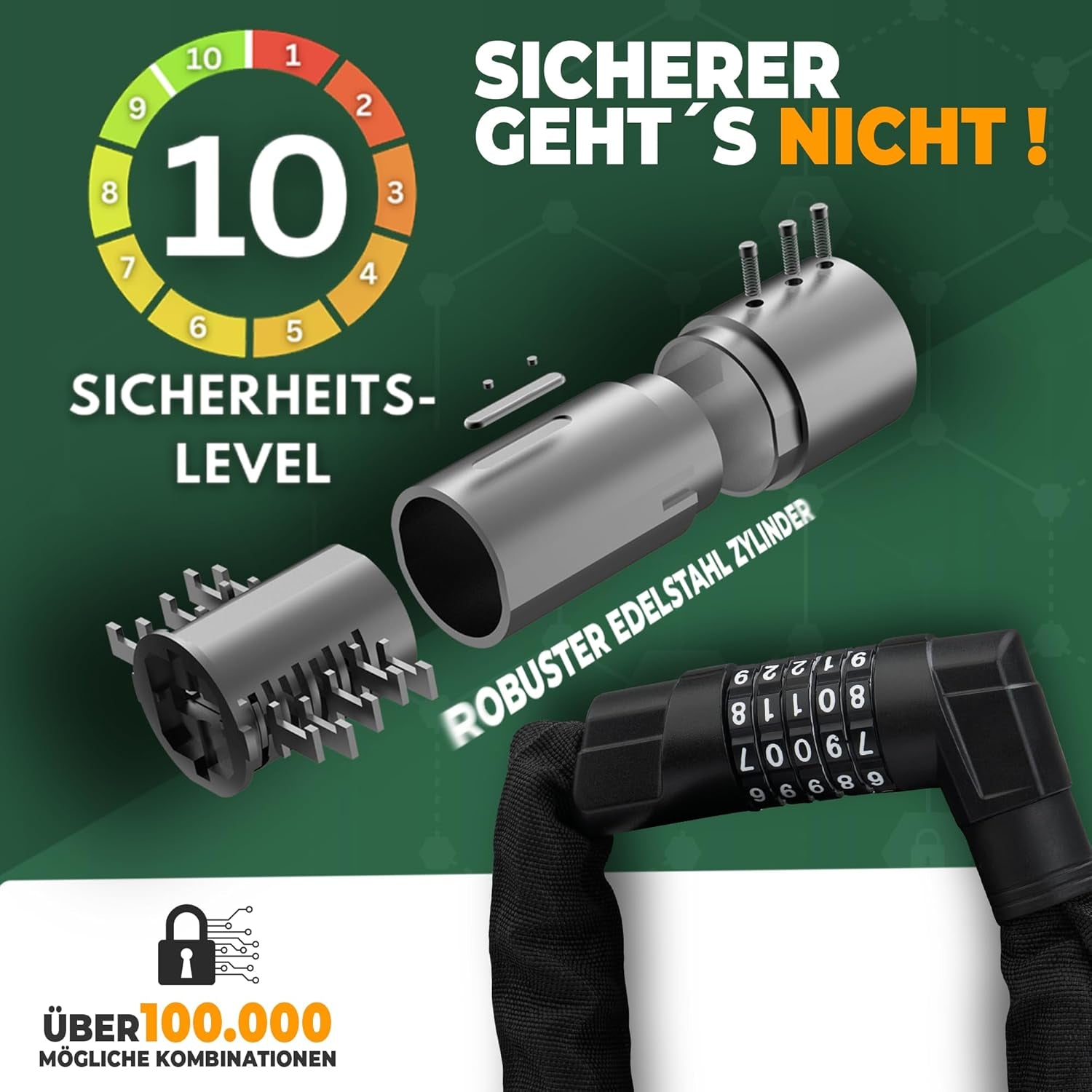 MIVELO Fahrradschloss Kettenschloss Aus Gehärtetem Stahl - 85Cm Lang I Fahrrad Schloss - Kettenschlösser Hohe Sicherheit I 8Mm Vierkant-Kette - Radschloss Fahrrad, E-Bike & E-Scooter (Mit Zahlencode)