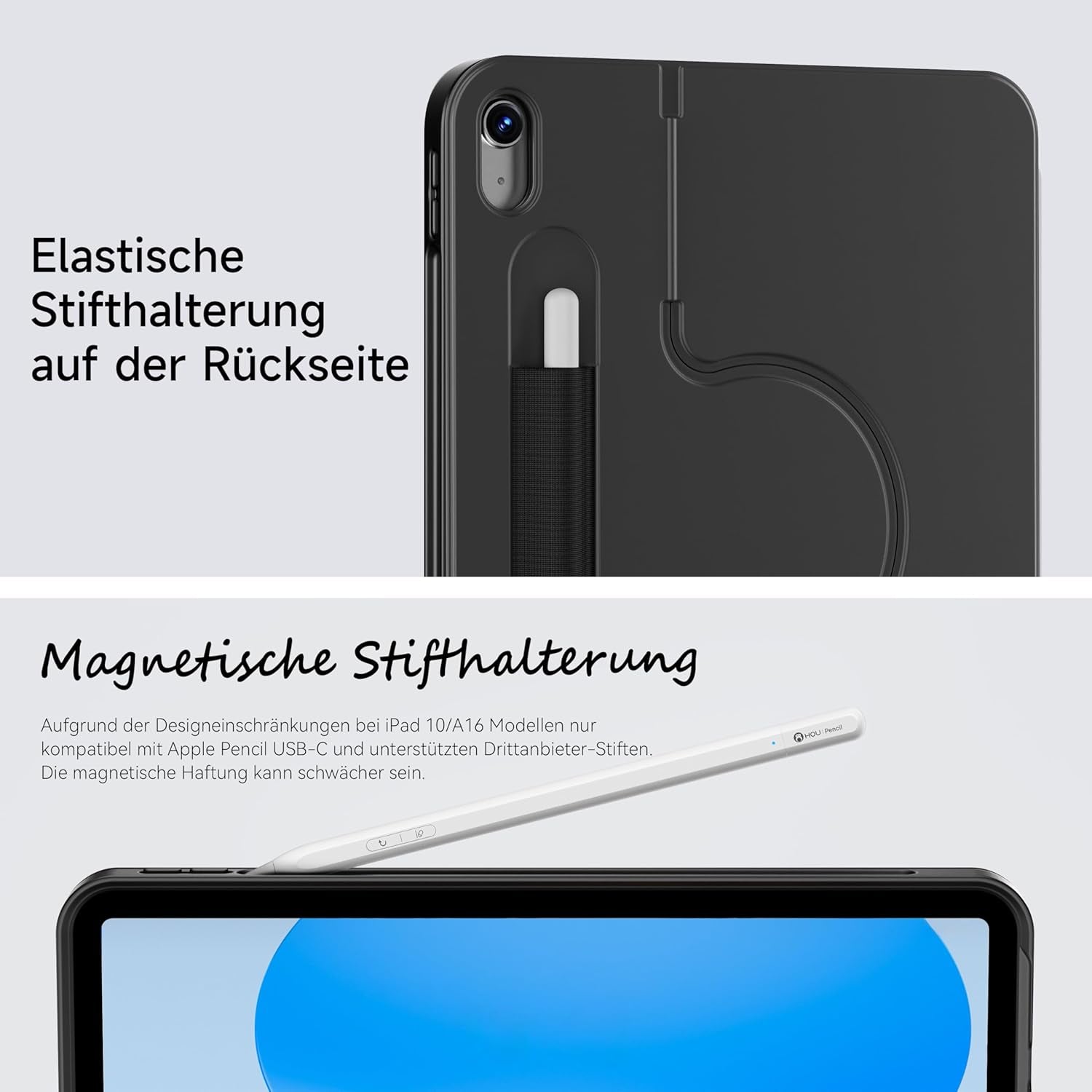 HOU Ipad 11. A16/10. Generation Case Mit Tastatur, Drehbare Und Abnehmbare Tastatur Für Ipad 11''/10, Elastische Stifthalterung, Vollschutzhülle, 7-Farben Hintergrundbeleuchtung, Multi-Touch Trackpad