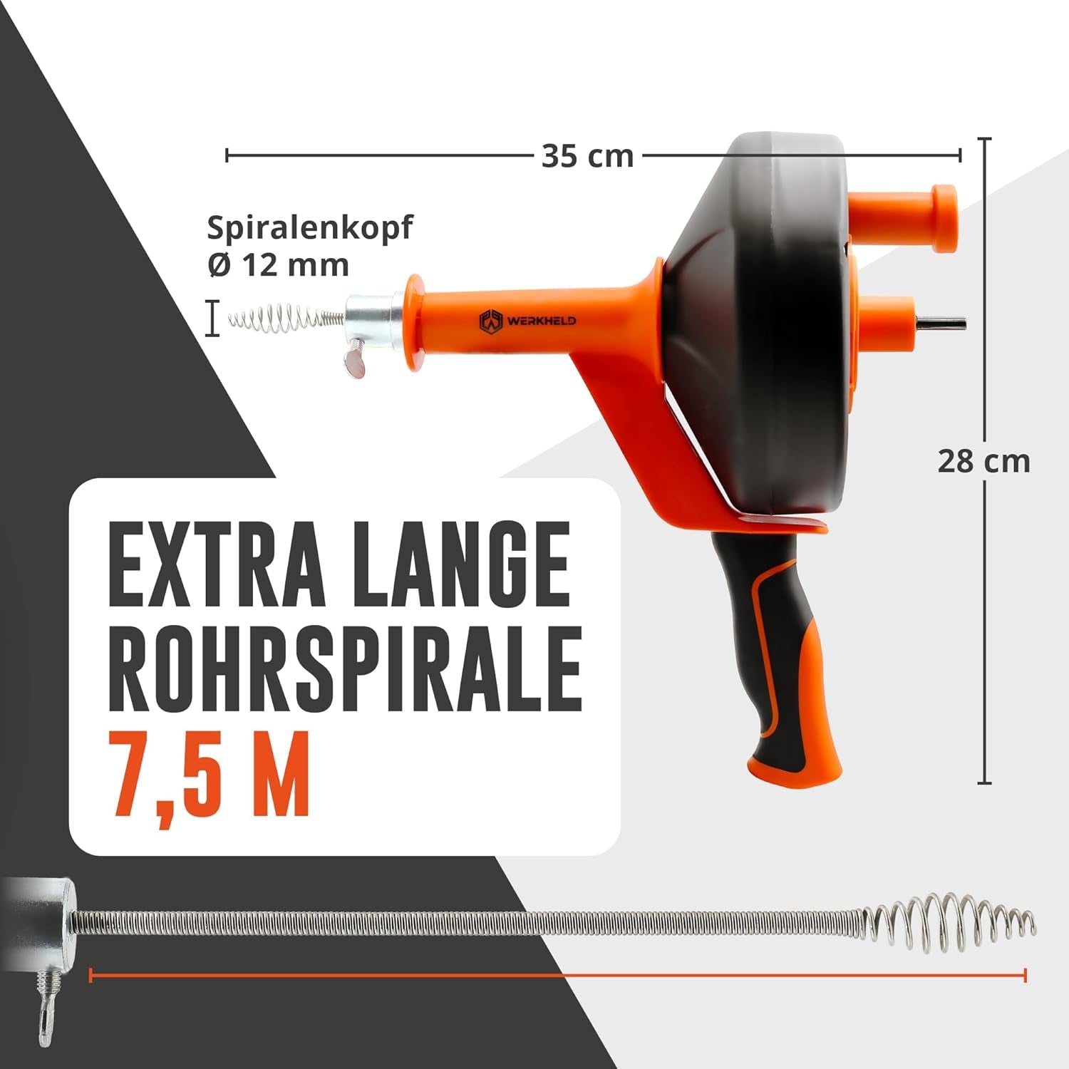 Rohrreinigungsspirale [7,5M] - Mit Bohraufsatz - Ideale Abflussspirale Für Umweltfreundliche Rohrreinigung - Edelstahl Rostfrei - Mit Handschuhen Und Reinigungsbürste