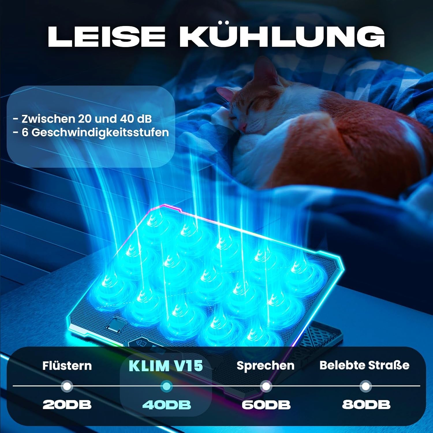 KLIM V15 Gaming Laptop Cooling Pad Mit 15 Lüftern + Kühler + Stabiler RGB Ständer + Kompatibel Bis 17" + 2 USB Ports + Handyhalterung + 5 Jahre Schutz