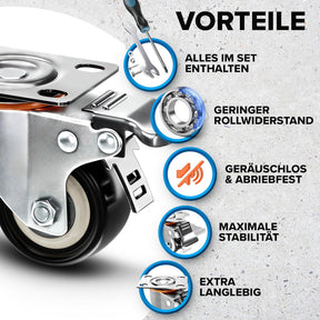 PEARWAY™ Premium Schwerlastrollen Bis 320Kg [4X Bremse] I Robuste Möbelrollen I Rollen Für Möbel I Lenkrollen 50Mm Für Innen & Außen I Transportrollen Schwerlast I Rollen Schwerlast I Möbel Rollen
